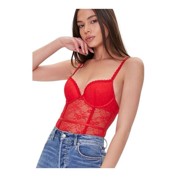 Forever 21 Red Lace Cutout Bodysuit Size Small - Picture 2 of 12